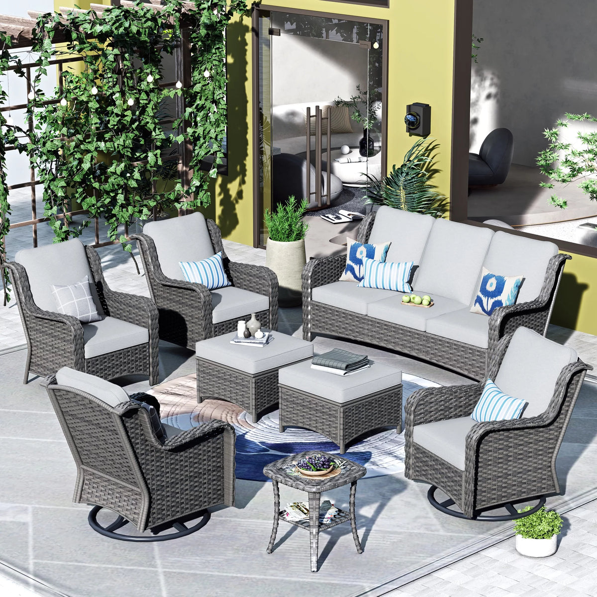 8 Pieces Wicker Patio Sectional with Swivel Chairs and Sofa K749152