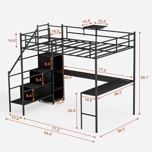 Black Full Size Loft Bed with L-Shaped Desk and Stairs H314556
