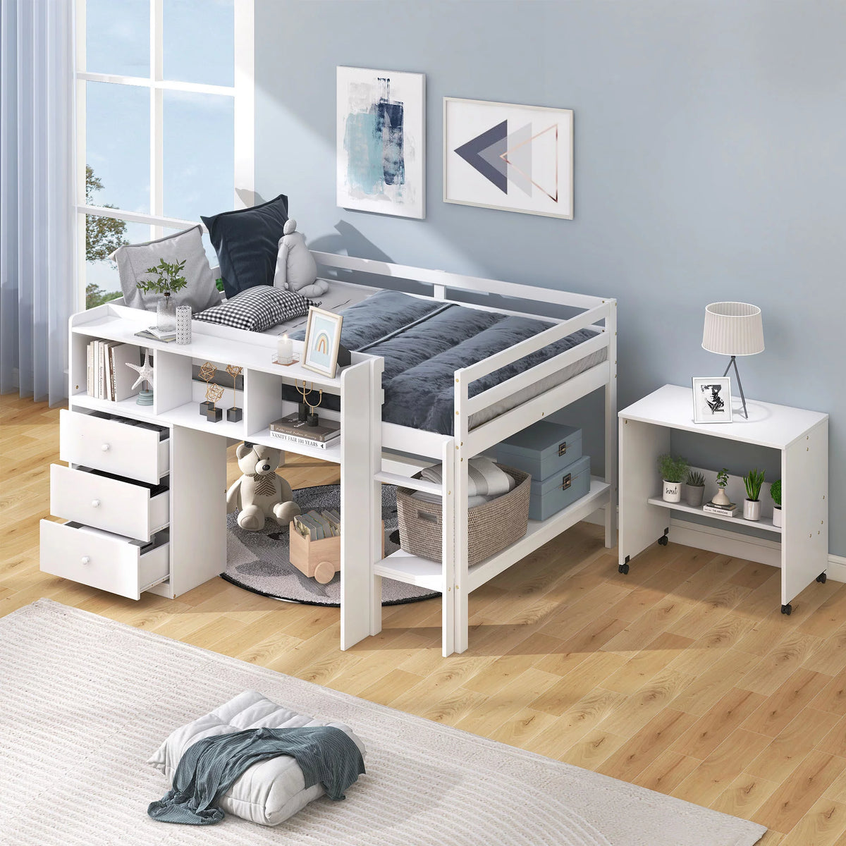 White Wood Full Size Low Loft Bed Frame with 3 Storage Drawers V442121