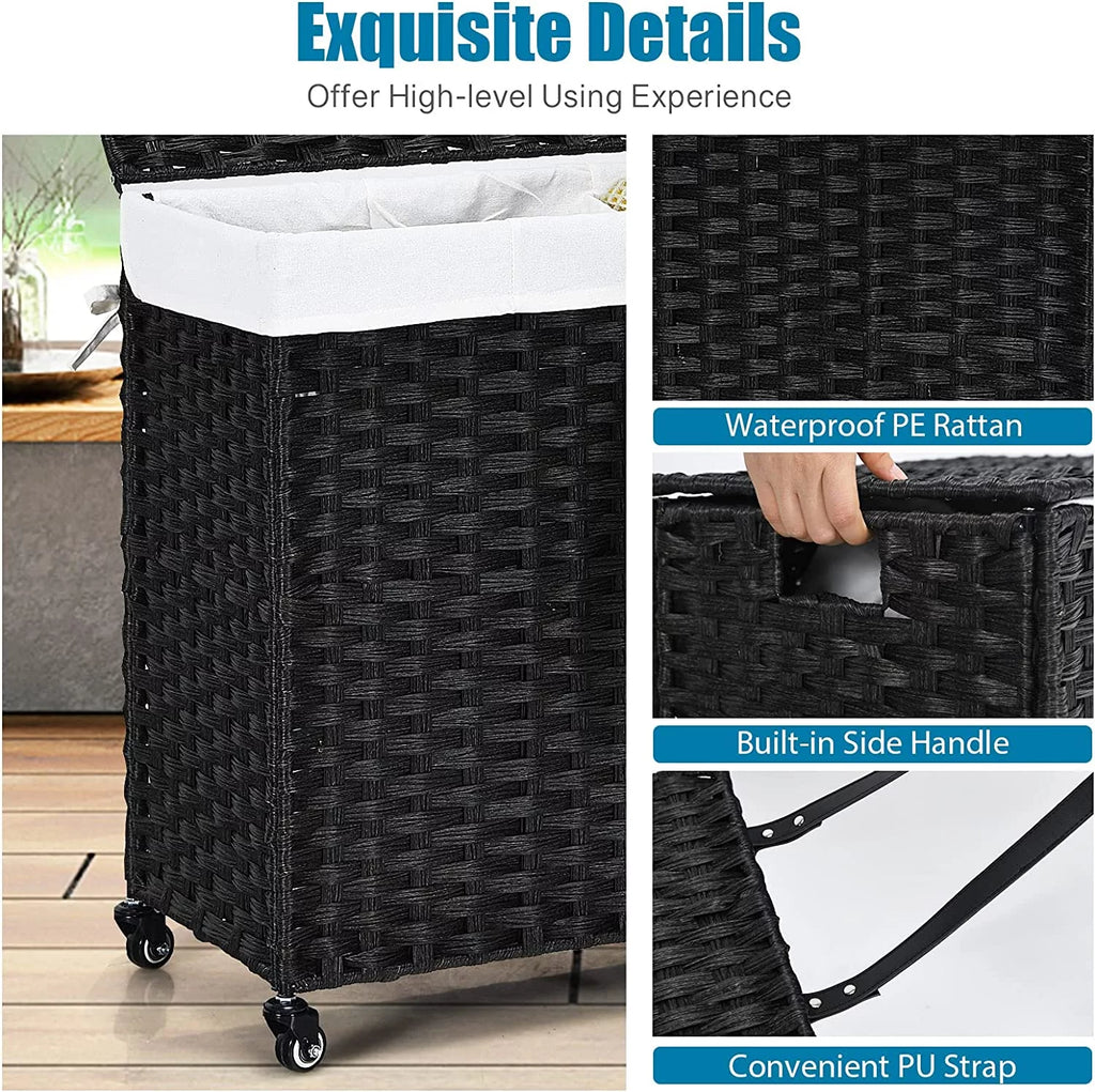 Hand Woven Rattan Laundry Hamper with Lid and Wheels E449256