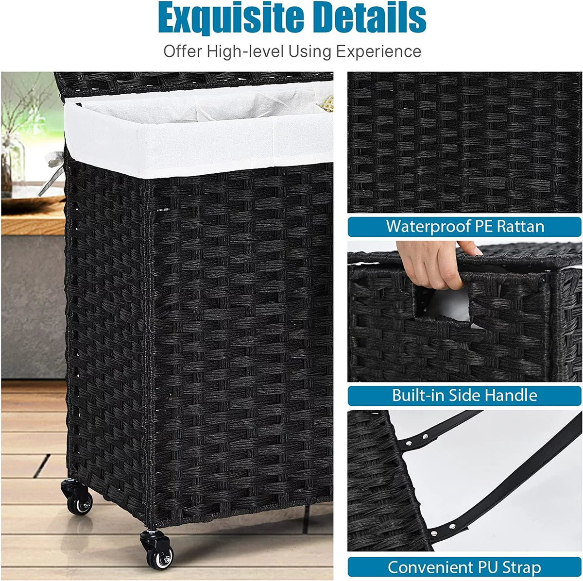 Hand Woven Rattan Laundry Hamper with Lid and Wheels E449256