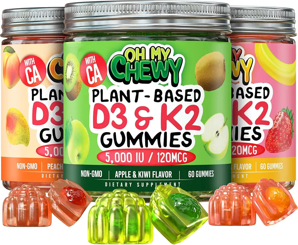 D3K2 Gummies Variety Pack 3 Bottles 60 Each Strawberry Banana Apple Kiwi Peach Mango F82760