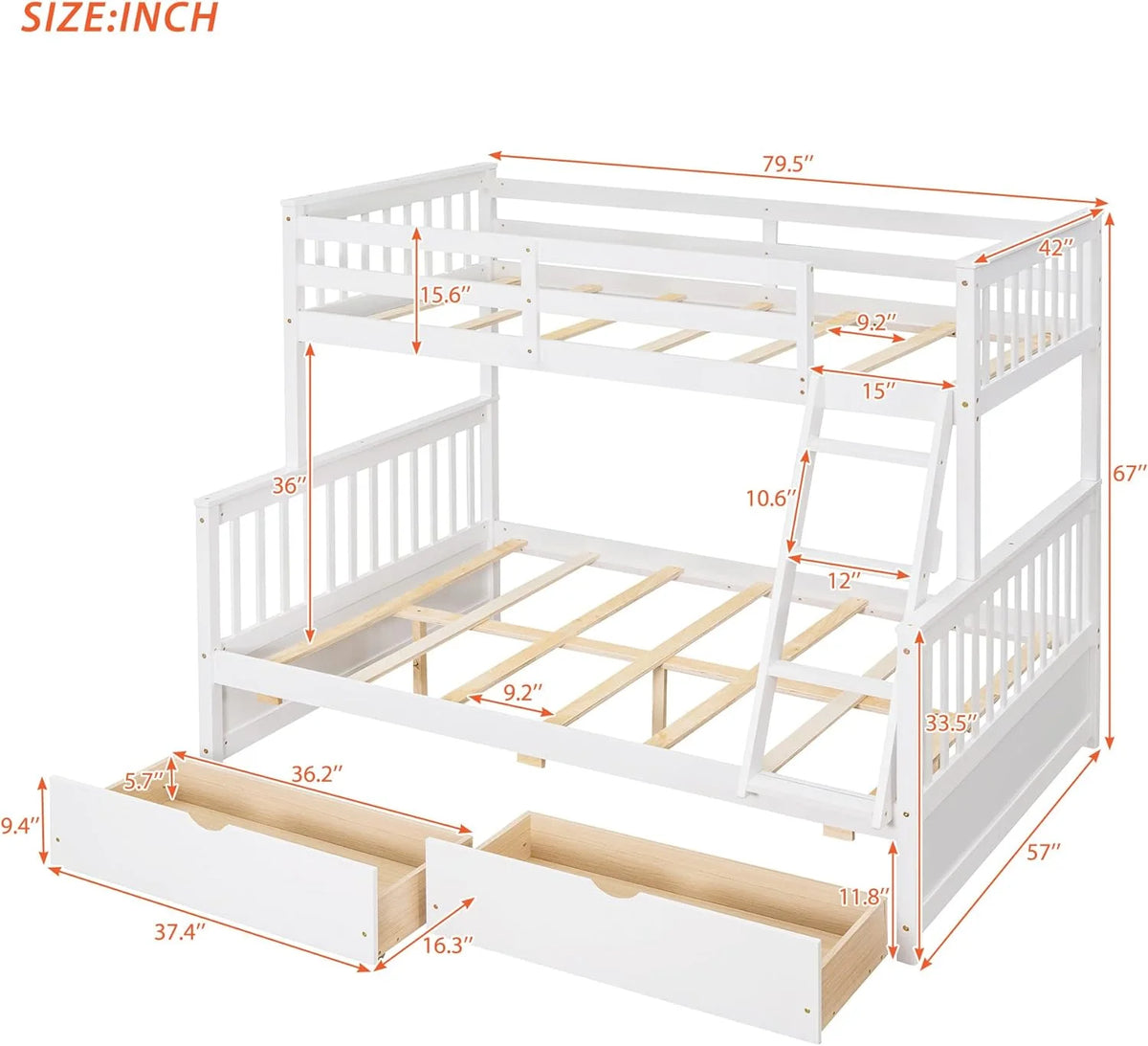 White Full Solid Wood Bed with Drawers and Ladders A64966
