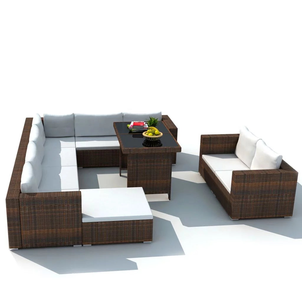 10 Piece Brown Poly Rattan Patio Sofa Set with Cushions I40187