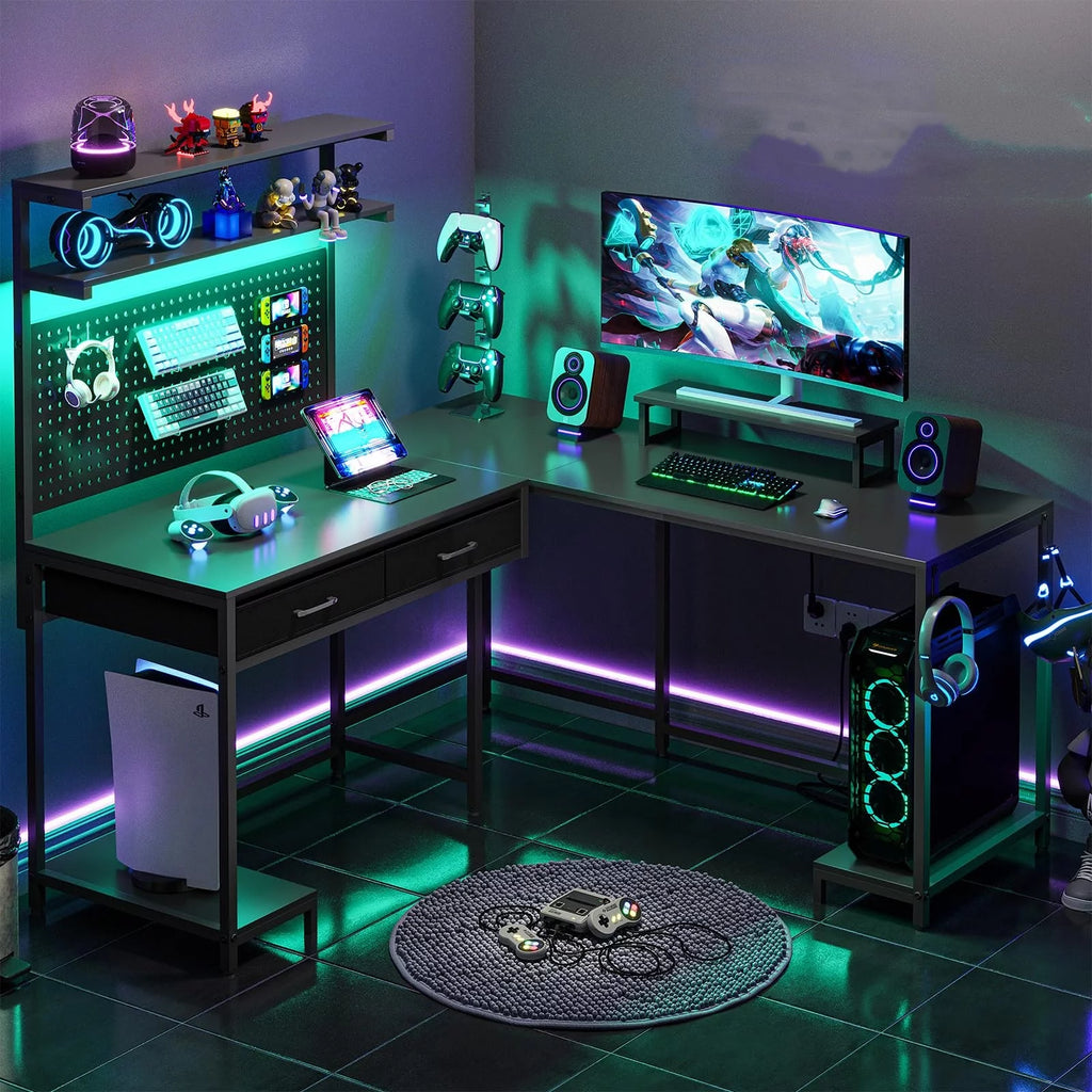 Black L Shaped Desk with LED Lights and Storage Shelves P573