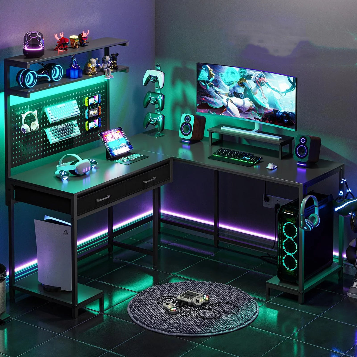 Black L Shaped Desk with LED Lights and Storage Shelves P573