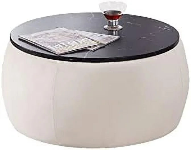 Round Ottoman Coffee Table with Wooden Lid Faux Marble Texture Top C22085