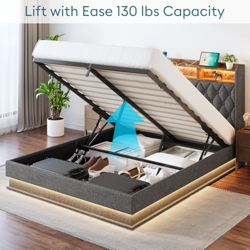 Queen Size Storage Bed Frame with Headboard and LED Lights E77318