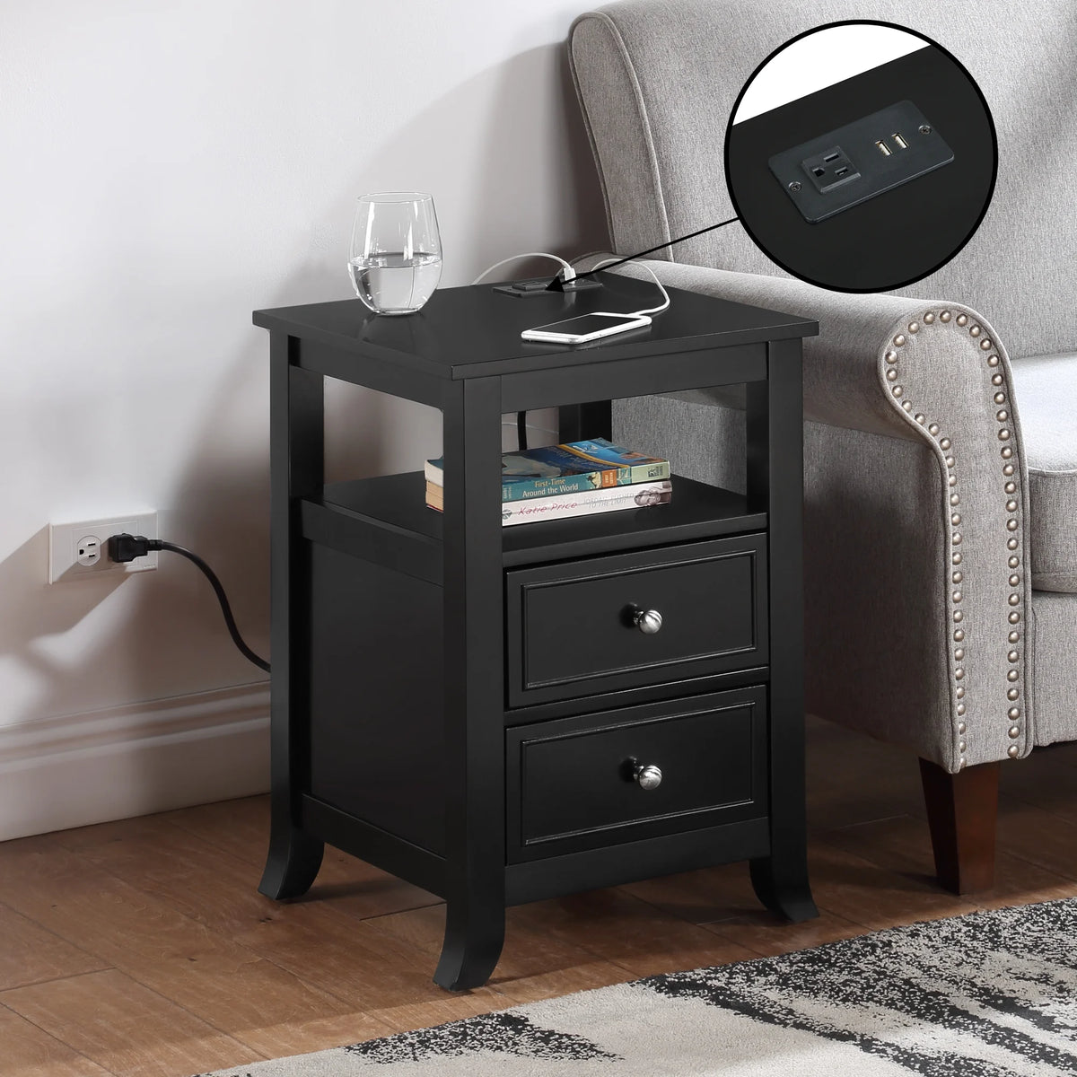 Black Two-Drawer End Table with Charging Station and Shelf Y87540