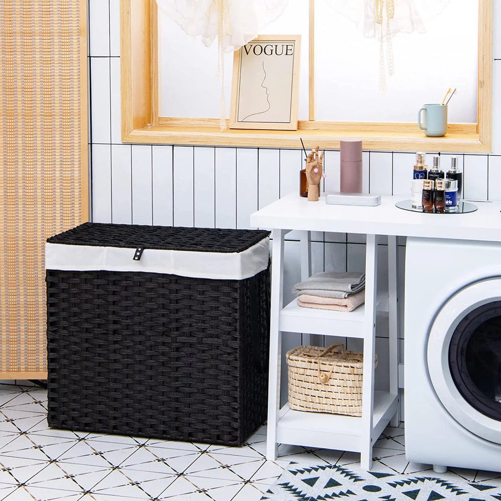 Hand Woven Rattan Laundry Hamper with Lid and Wheels E449256