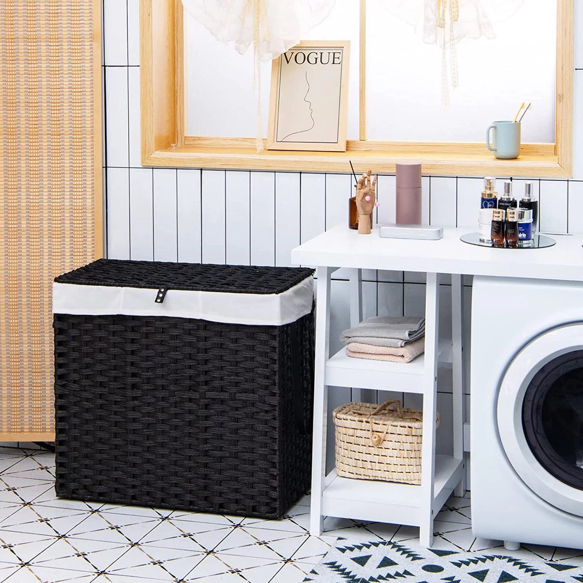 Hand Woven Rattan Laundry Hamper with Lid and Wheels E449256