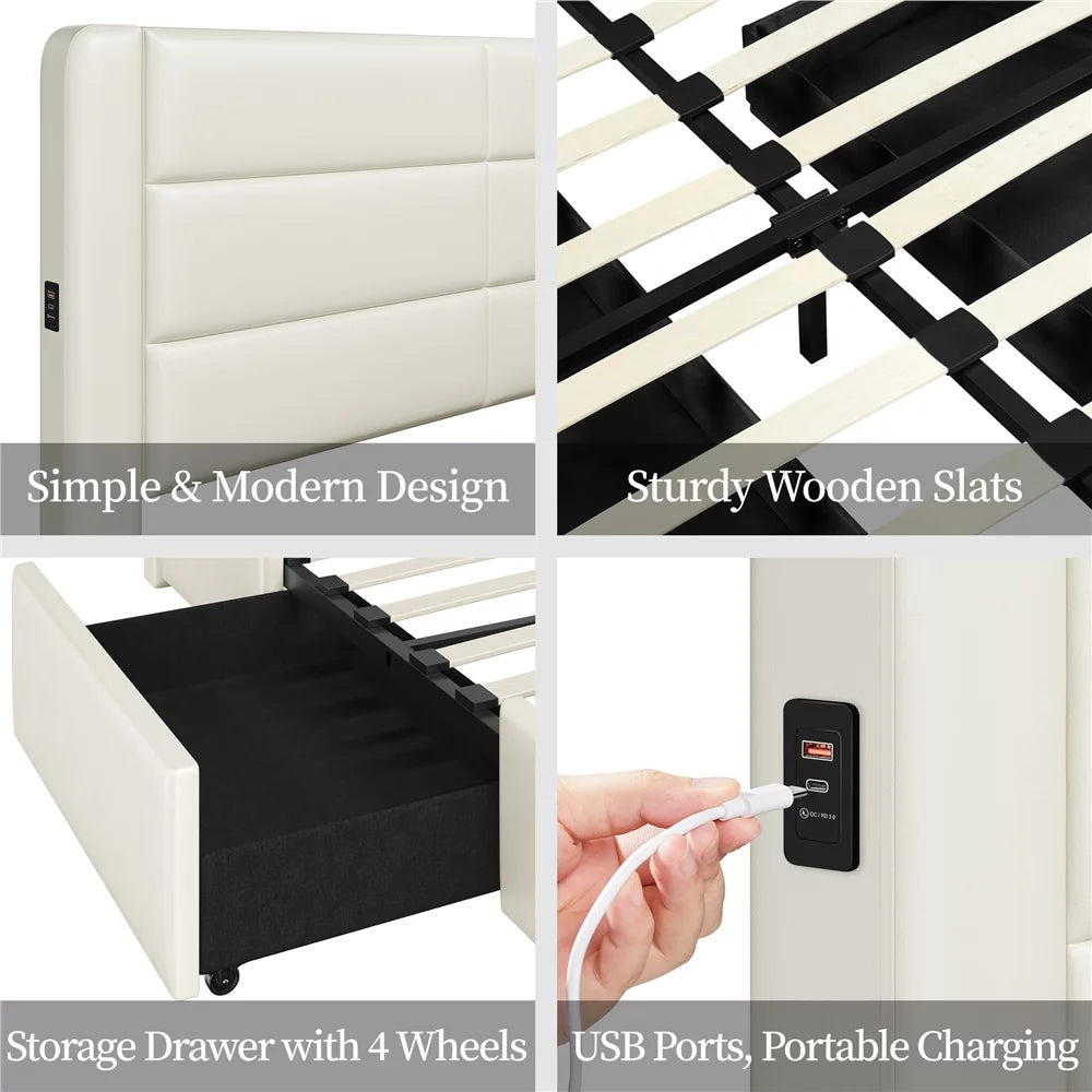 Beige Upholstered Platform Bed with 3 Storage Drawers and USB Ports I230821