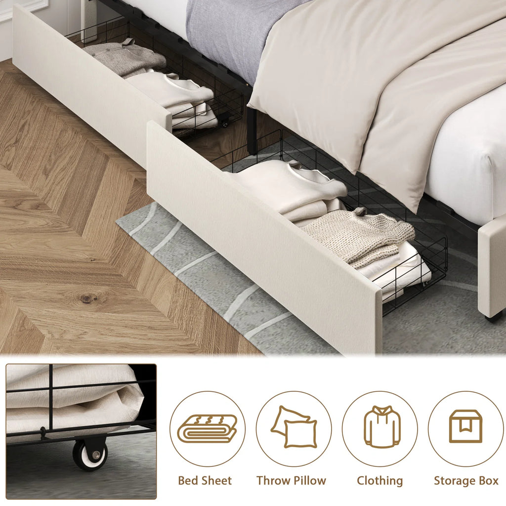 Queen Size Off-White Upholstered Storage Bed with 4 Drawers E152