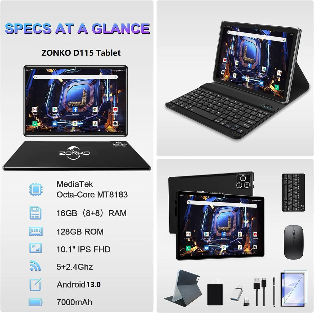 10 Inch Android Tablet with Keyboard 128GB ROM Octa-Core 2 In 1 Tablet K818