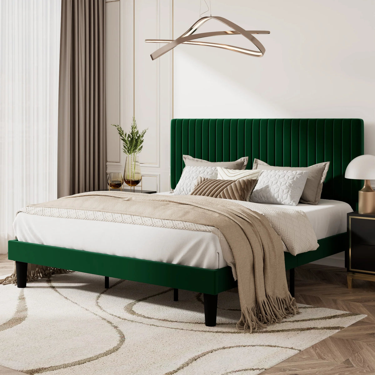 Queen Size Upholstered Platform Bed Frame with Velvet Headboard P376