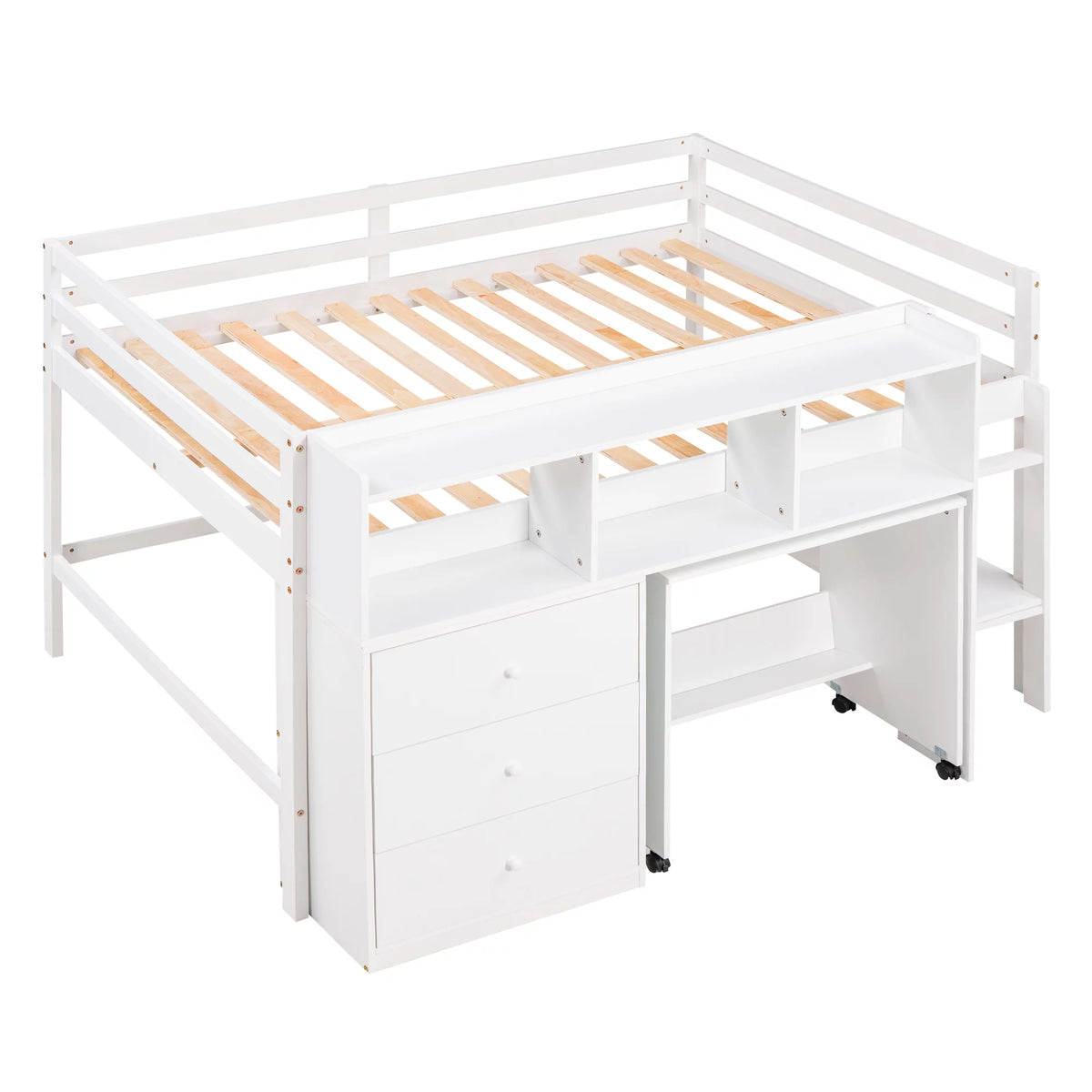 White Wood Full Size Low Loft Bed Frame with 3 Storage Drawers V442121