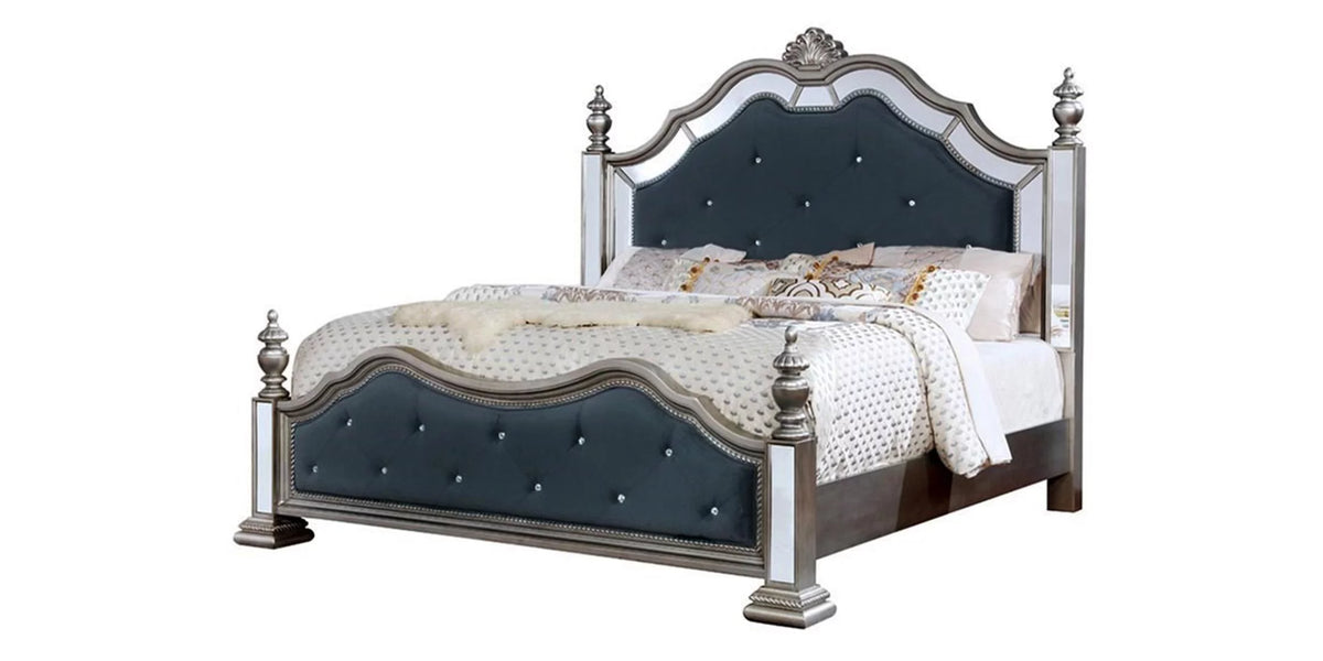 Black Silver Mirror Queen Poster Bed H8892