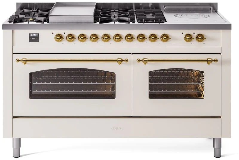 60 Dual Fuel Natural Gas Range Antique White Brass Trim M509