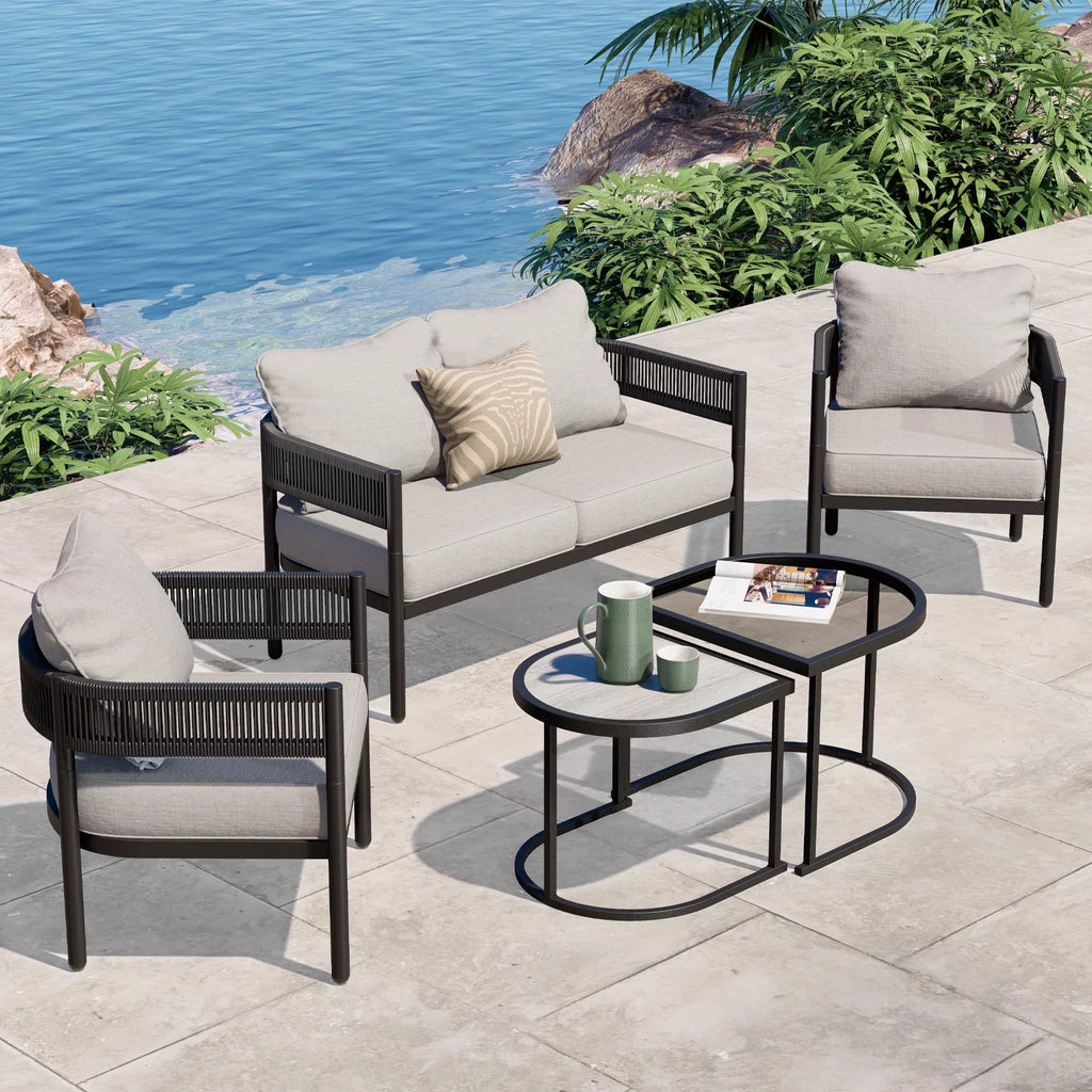 5-Piece Woven Wicker Outdoor Conversation Set with Cushions and Nested Table F819