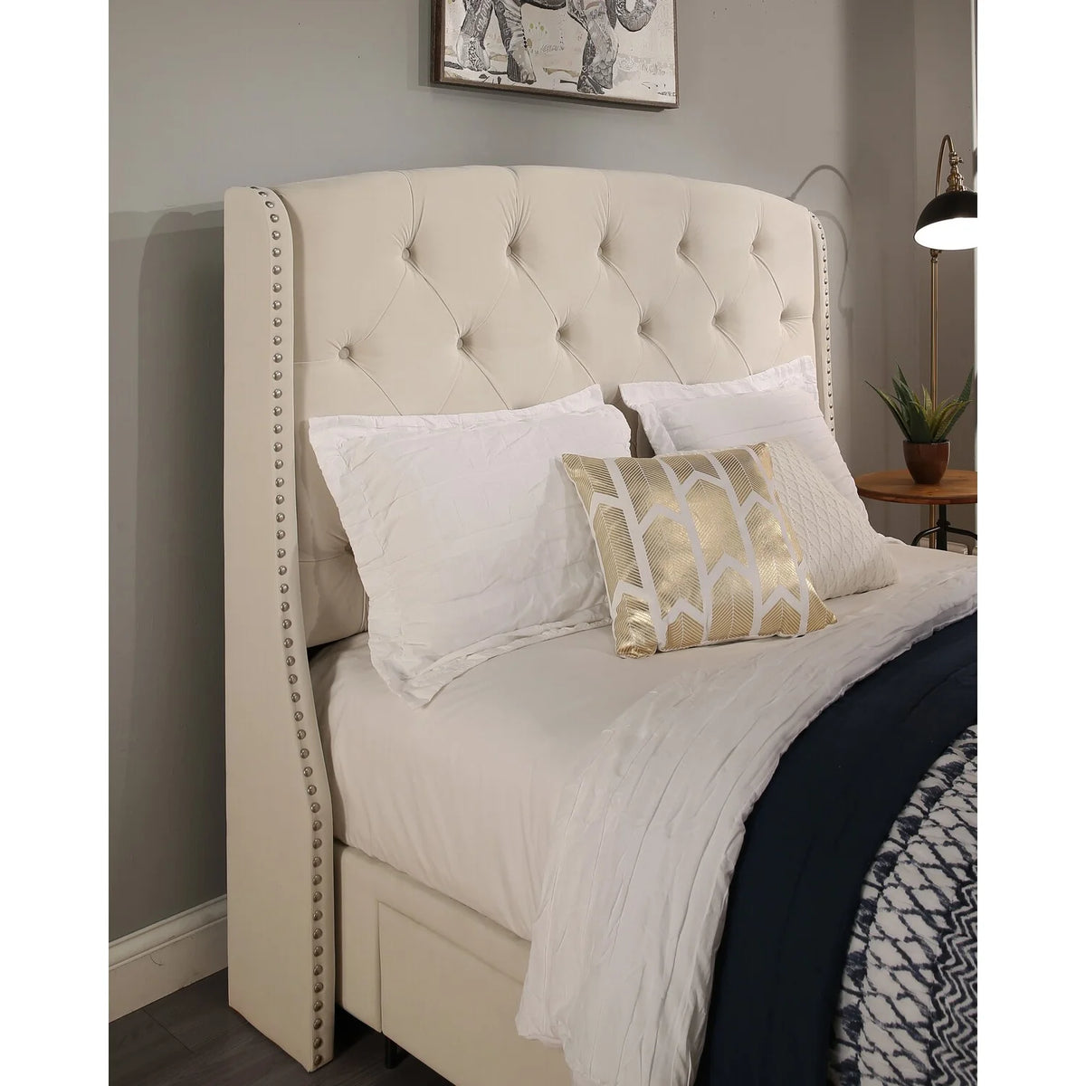 Upholstered King Bed with Nailhead Trim Off White Ivory Fabric W50759