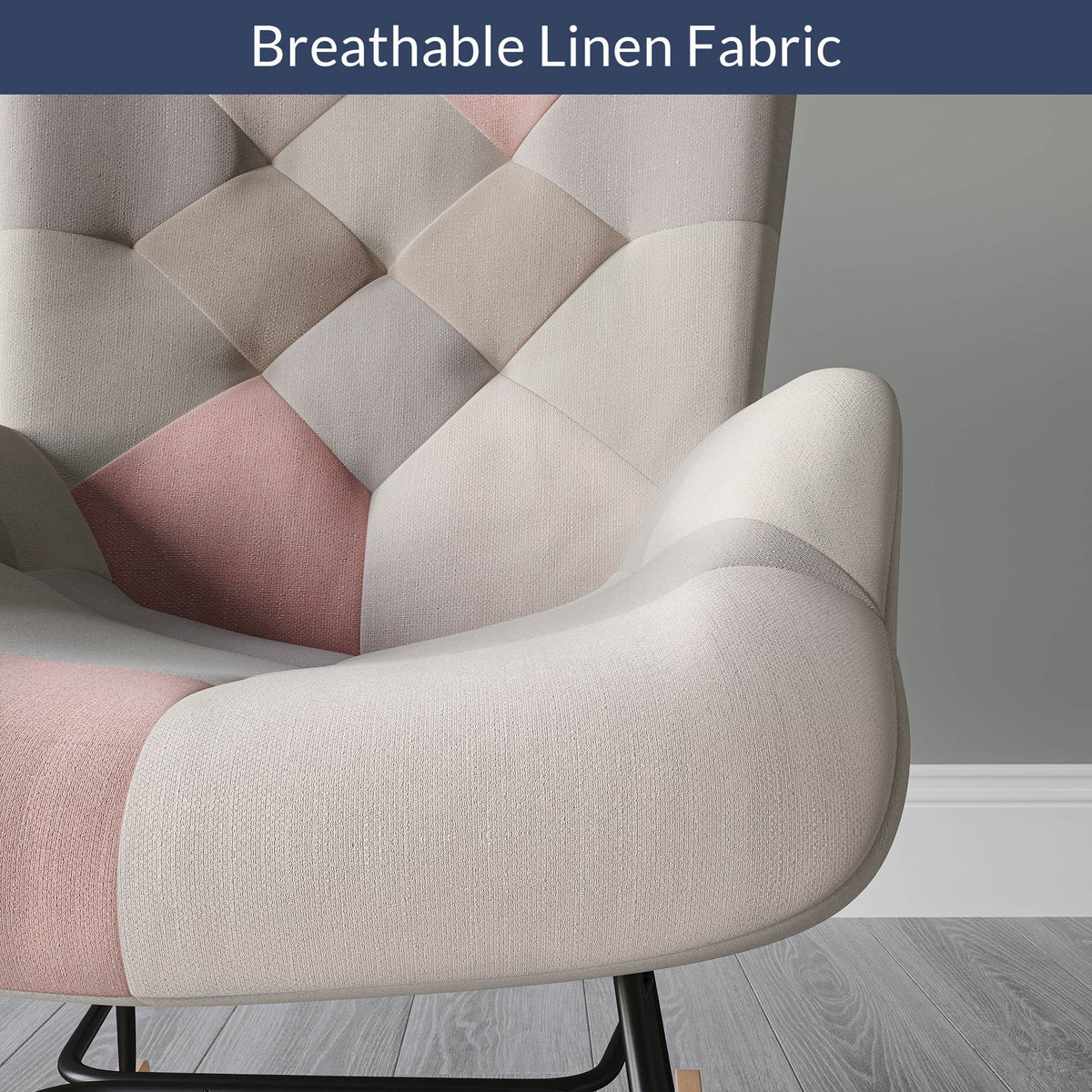 Colorful Patchwork Linen Tufted Rocking Chair with Solid Wood Legs K683