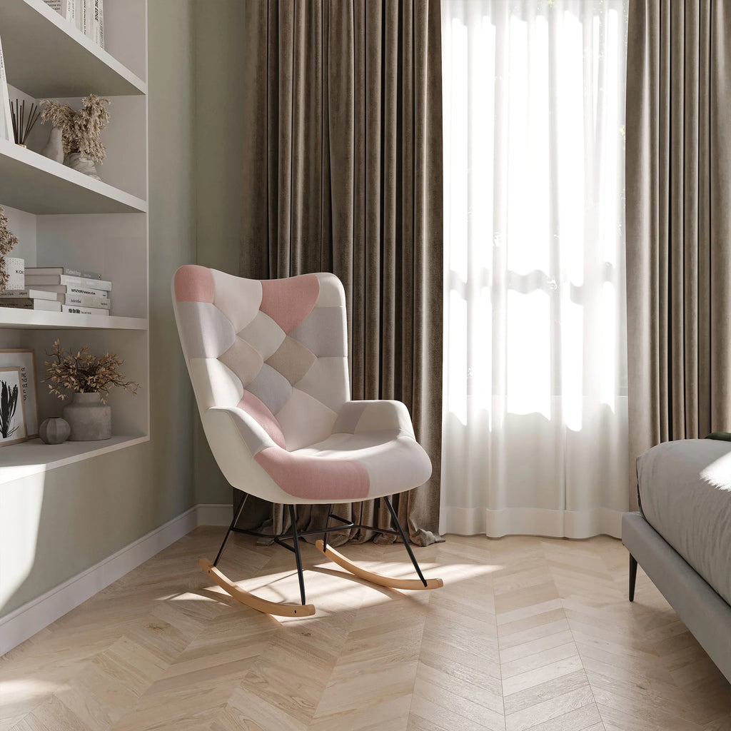 Colorful Patchwork Linen Tufted Rocking Chair with Solid Wood Legs K683