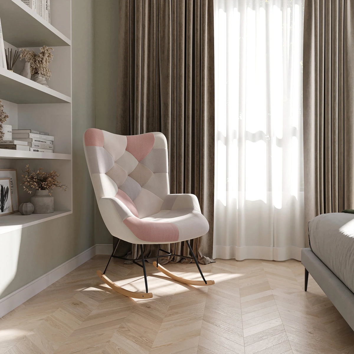 Colorful Patchwork Linen Tufted Rocking Chair with Solid Wood Legs K683