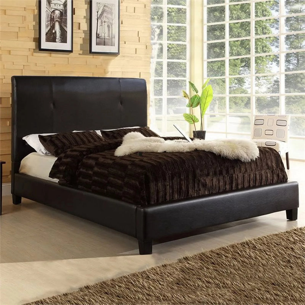 Queen Panel Bed Dark Brown Faux Leather D5026