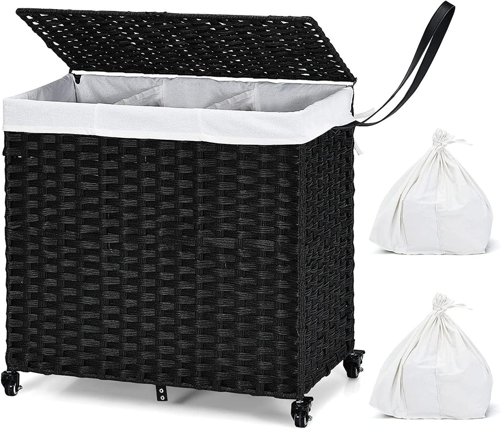 Hand Woven Rattan Laundry Hamper with Lid and Wheels E449256