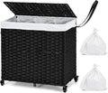 Hand Woven Rattan Laundry Hamper with Lid and Wheels E449256