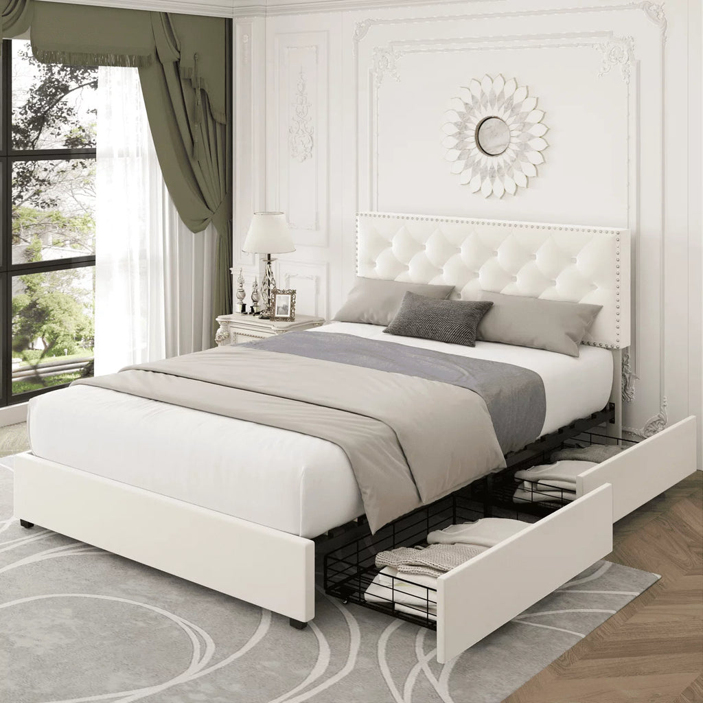 Queen Size Off-White Upholstered Storage Bed with 4 Drawers E152