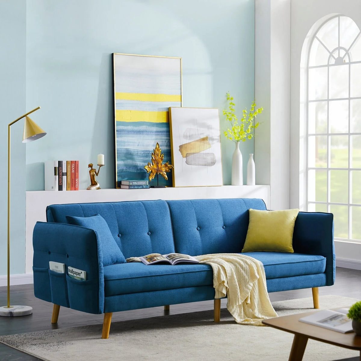 Convertible Futon Sofa Bed with Adjustable Armrest/Backrest Blue U287549