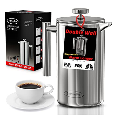 1.75L Double Walled Stainless Steel French Press Coffee Maker with 2 Extra Filters N8223