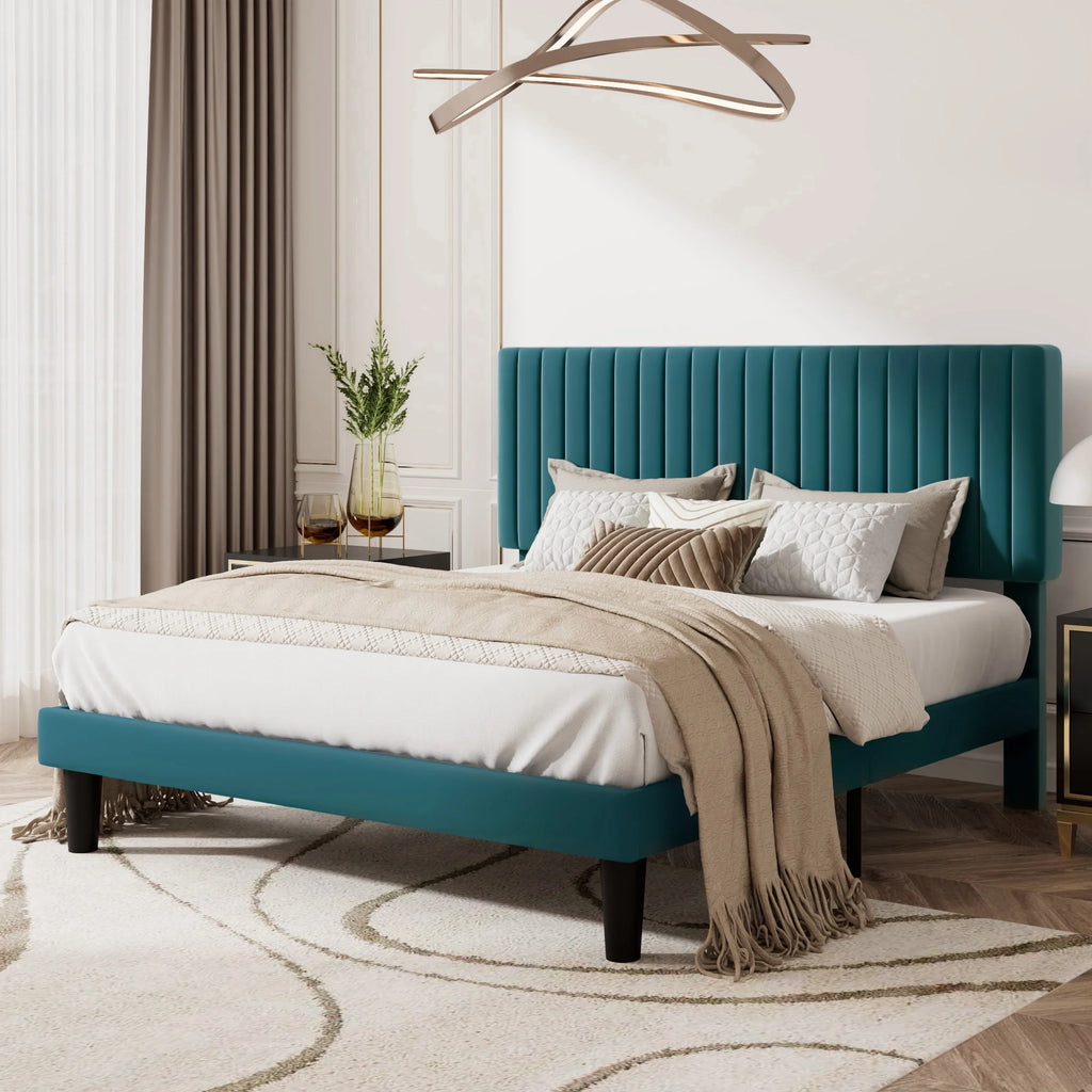 Queen Size Upholstered Platform Bed Frame with Velvet Headboard P376
