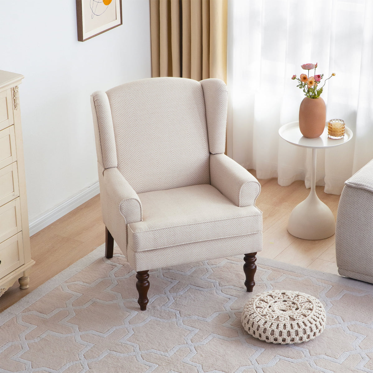 Tan Twill Upholstered Wingback Accent Chair with Solid Wood Legs I8951