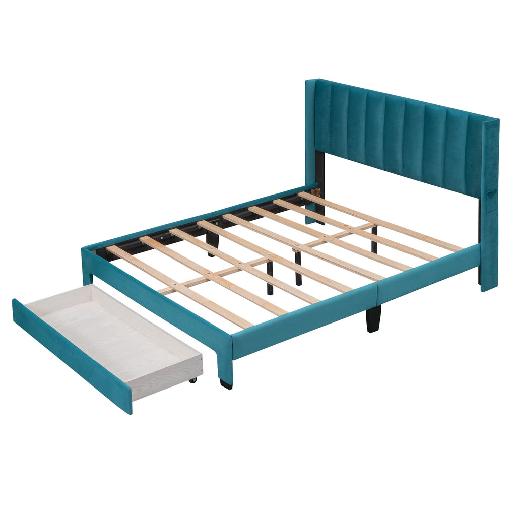 Queen Size Velvet Upholstered Platform Bed with Storage and Headboard A450437