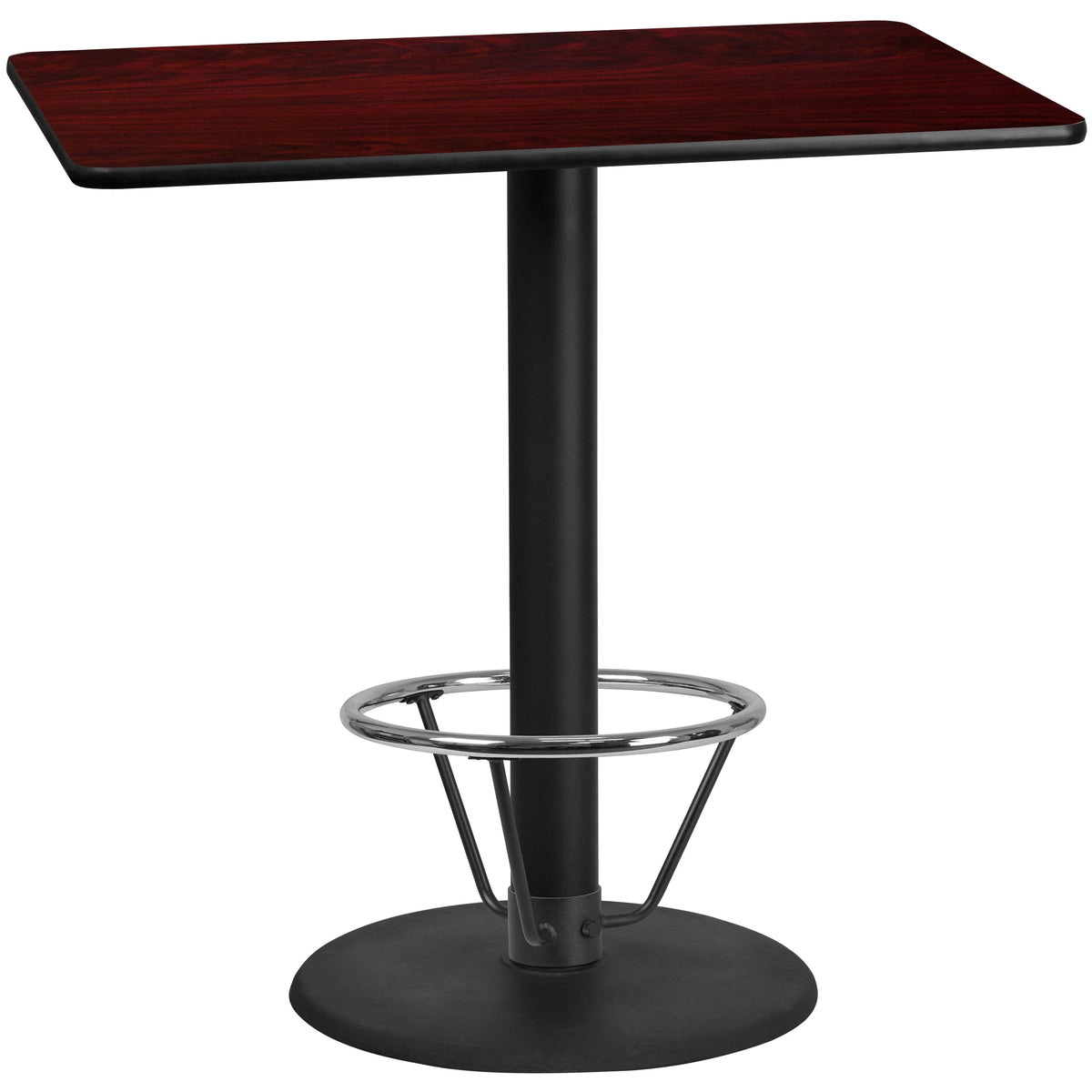 30'' x 48'' Rectangular Mahogany Laminate Table Top with 24'' Round Bar Height Table Base and Foot Ring W3564
