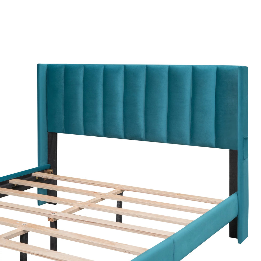 Queen Size Velvet Upholstered Platform Bed with Storage and Headboard A450437