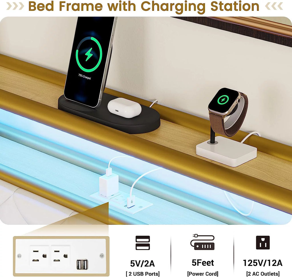 King LED Bed Frame with Power Outlets USB Ports Storage Headboard T5598